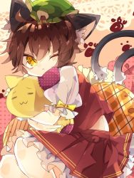 Rule 34 | 1girl, ;&lt;, animal ear fluff, animal ears, bow, brown hair, cat ears, cat girl, cat tail, chen, commentary, curled up, feet out of frame, frilled skirt, frills, green hat, hat, highres, hugging object, looking at viewer, mob cap, multiple tails, nikorashi-ka, one-hour drawing challenge, patch, paw print, puffy short sleeves, puffy sleeves, red skirt, red vest, shirt, short hair, short sleeves, skirt, slit pupils, solo, stuffed toy, tail, touhou, two tails, vest, white shirt, yellow bow, yellow eyes