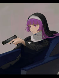 Rule 34 | 1girl, armchair, arti:merri mack, black dress, chair, copyright request, cross, cross necklace, dress, fingernails, from side, grey background, gun, handgun, highres, holding, holding gun, holding weapon, jewelry, letterboxed, long hair, necklace, nun, original, parted lips, purple eyes, purple hair, reclining, simple background, sitting, smile, solo, traditional nun, trigger discipline, veil, weapon