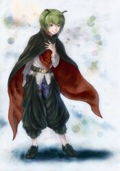 Rule 34 | 1girl, androgynous, antennae, baten (gei-vorugu), belt, belt buckle, black belt, black cape, black footwear, blue shorts, buckle, cape, closed mouth, full body, green eyes, green hair, hand on own chest, leaning forward, long sleeves, no socks, puffy pants, shirt, short hair, shorts, simple background, solo, standing, touhou, white shirt, wriggle nightbug
