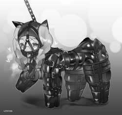 Rule 34 | 1girl, all fours, animal ears, artist name, bdsm, bitchsuit, black bodysuit, bodysuit, bondage, bound, braid, breasts, chain, chain leash, collar, fake animal ears, gag, gagged, gimp mask, gimp suit, glasses, gradient background, grey background, greyscale, harness gag, heart, heart-shaped pupils, highres, human dog, leash, looking at viewer, lumpychan, mask, masochism, medium breasts, medium hair, monochrome, original, piddlefours, plug gag, rimless eyewear, ring gag, round eyewear, saliva, shiny clothes, simple background, solo, symbol-shaped pupils, tagme, tongue, tongue out, twin braids