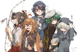 Rule 34 | 5girls, ahoge, arrow (projectile), black hair, black sailor collar, blue sailor collar, bow (weapon), breasts, broken, broken weapon, brown hair, cape, character name, closed eyes, dirty, dress, frown, glasses, gloves, green hair, hachimaki, hat, headband, heterochromia, holding, holding arrow, holding bow (weapon), holding weapon, japanese clothes, kantai collection, kiso (kancolle), long hair, long sleeves, mochizuki (kancolle), multiple girls, open mouth, ponytail, rokugou (tokiwa rokugou), sailor collar, sailor dress, school uniform, short hair, silver hair, simple background, takao (kancolle), tears, torn clothes, torn hat, upper body, weapon, white background, z1 leberecht maass (kancolle), zuihou (kancolle)