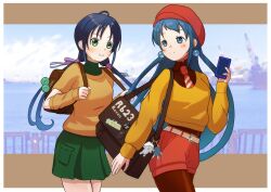 Rule 34 | 2girls, alternate costume, backpack, bag, beanie, belt, blue eyes, blue hair, blush, border, brown bag, brown pantyhose, brown shirt, cellphone, crop top, detached sleeves, dolphins3ino, gradient hair, green eyes, green skirt, hat, highres, holding, holding phone, kantai collection, long hair, looking to the side, low twintails, multicolored hair, multiple girls, necktie, orange sweater, pantyhose, phone, red headwear, red necktie, red shorts, samidare (kancolle), shirt, shorts, skirt, smartphone, smile, suzukaze (kancolle), sweater, swept bangs, twintails, very long hair, white border