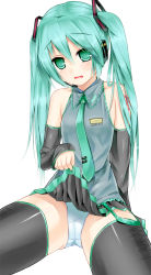 Rule 34 | 1girl, aqua eyes, aqua hair, bare shoulders, black thighhighs, blush, clothes lift, detached sleeves, hatsune miku, headset, highres, long hair, nail polish, necktie, panties, parted lips, peragura, pleated skirt, simple background, sitting, skirt, skirt lift, solo, tattoo, thighhighs, twintails, underwear, upskirt, very long hair, vocaloid, wavy mouth, white background, white panties