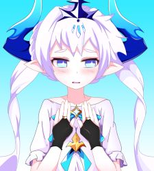 Rule 34 | + +, 1girl, blue background, blue eyes, blush, bridal gauntlets, carlos daniel, crown, elsword, gradient background, hair ornament, horns, long hair, looking at viewer, luciela r. sourcream, noblesse (elsword), open mouth, pointy ears, solo, sweatdrop, symbol-shaped pupils, twintails, upper body, white hair