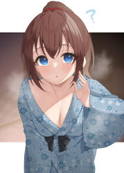 Rule 34 | 1girl, :o, ?, binsen, blue eyes, blue kimono, blush, breasts, brown hair, cleavage, collarbone, highres, idolmaster, idolmaster million live!, japanese clothes, kimono, large breasts, leaning forward, letterboxed, looking at viewer, patterned clothing, ponytail, satake minako, solo, steam