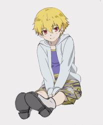Rule 34 | 1boy, between legs, blonde hair, child gilgamesh (fate), closed mouth, commentary request, fate/stay night, fate (series), full body, gilgamesh (fate), grey background, grey jacket, hair between eyes, hand between legs, highres, hood, hooded jacket, jacket, looking at viewer, male focus, mi (pic52pic), open clothes, open jacket, purple shirt, red eyes, shirt, shoes, shorts, simple background, smile, solo
