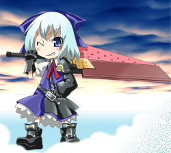 Rule 34 | circled 9, 1girl, advent cirno, blue eyes, blue hair, boots, bow, cirno, female focus, gengorou, matching hair/eyes, outdoors, parody, short hair, sky, solo, sword, touhou, weapon, wings