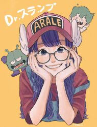 Rule 34 | 1girl, 1other, :d, alien, amii 0219, blue overalls, blunt bangs, commentary, copyright name, dr. slump, fangs, glasses, gloves, green hair, hand on own chin, hat, highres, king nikochan, long hair, norimaki arale, norimaki gajira, open mouth, overalls, purple eyes, purple gloves, purple hair, red shirt, shirt, simple background, smile, upper body, white wings, winged hat, wings, yellow background