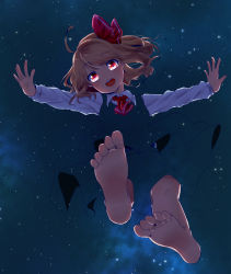 Rule 34 | 1girl, ahoge, ascot, barefoot, blonde hair, camouflage, dark, feet, floating hair, flying, from above, hair ribbon, happy, head tilt, highres, kuromame (8gou), looking at viewer, night, night sky, open mouth, outstretched arms, red eyes, red ribbon, ribbon, rumia, short hair, skirt, skirt set, sky, solo, star (sky), touhou, transparent