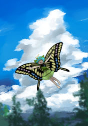 Rule 34 | 1girl, absurdres, antennae, aqua hair, bad anatomy, bad hands, barefoot, blush, butterfly wings, closed eyes, cloud, cloudy sky, day, dress, eternity larva, fairy, flying, full body, green dress, highres, insect wings, kanonari, leaf, leaf on head, multicolored clothes, multicolored dress, one-hour drawing challenge, open mouth, outstretched arms, short hair, short sleeves, sky, smile, solo, spread arms, touhou, tree, wings
