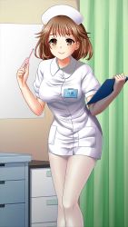 Rule 34 | 1girl, brown eyes, brown hair, closed mouth, collared dress, digital thermometer, doukyuusei another world, dress, game cg, hat, holding, indoors, kakyuusei, leaning forward, long hair, looking at viewer, mochida mahoko, nurse, nurse cap, official art, pantyhose, short dress, short sleeves, smile, solo, standing, thermometer, white dress, white pantyhose, wing collar