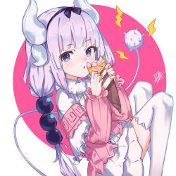 Rule 34 | 1girl, absurdres, bei hua, black hairband, blue eyes, blunt bangs, capelet, crepe, dragon girl, dress, food, frilled capelet, frills, hairband, highres, holding, holding food, horns, kanna kamui, kobayashi-san chi no maidragon, light purple hair, looking at viewer, low twintails, microdress, pink background, pink hair, solo, tail, thighhighs, twintails, white background, white thighhighs