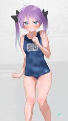 Rule 34 | 1girl, black ribbon, blue eyes, blue one-piece swimsuit, c@rbon, commentary request, feet out of frame, flat chest, grey background, hair ribbon, highres, hiiragi kagami, long hair, looking at viewer, lucky star, name tag, old school swimsuit, one-piece swimsuit, purple hair, ribbon, school swimsuit, solo, standing, swimsuit, twintails, wet, wet clothes, wet swimsuit