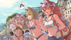 Rule 34 | 3girls, alternate costume, animal ears, arm behind back, arms up, bag, beach umbrella, bikini, black hair, breasts, brown hair, choker, cleavage, closed mouth, collarbone, commentary request, contemporary, cowboy shot, day, extra ears, facial mark, fang, forehead mark, grey hair, grey wolf (kemono friends), hands up, high ponytail, highres, holding, indian wolf (kemono friends), italian wolf (kemono friends), japanese wolf (kemono friends), jewelry, kemono friends, kosai takayuki, leaning forward, long hair, looking afar, looking at viewer, midriff, motion lines, multicolored hair, multiple girls, navel, open mouth, orange eyes, outdoors, pendant, shorts, shoulder bag, sidelocks, smile, stomach, summer, swimsuit, tail, tan, thought bubble, two-tone hair, umbrella, very long hair, visor cap, white hair, wolf ears, wolf girl, wolf tail, yellow eyes
