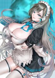 Rule 34 | 1girl, apron, arm under breasts, asuna (blue archive), blue archive, blue eyes, blue neckwear, breasts, brown hair, cleavage, dutch angle, elbow gloves, gloves, halo, highres, kos-owl, large breasts, lips, long hair, maid, maid headdress, mole, mole on breast, neckwear between breasts, solo, thighhighs, white gloves, zoom layer