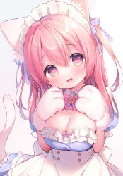 Rule 34 | 1girl, animal ear fluff, animal ears, animal hands, apron, blue bow, blue dress, bow, breasts, cat ears, cat girl, cat tail, cleavage, commentary request, dress, frilled apron, frilled dress, frills, gloves, gradient background, grey background, hair between eyes, hair bow, hands up, head tilt, heart, heart-shaped pupils, highres, kemonomimi mode, large breasts, long hair, maid headdress, one side up, original, paw gloves, pink hair, puffy short sleeves, puffy sleeves, red eyes, sakura (usashiro mani), short sleeves, solo, symbol-shaped pupils, tail, usashiro mani, white apron, white background, white gloves
