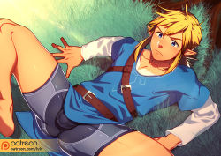 Rule 34 | 1boy, barefoot, belt, bike shorts, blonde hair, blue eyes, blue shirt, brown belt, bulge, closed mouth, collarbone, commentary request, day, frown, grass, knees, link, lvlv, lying, male focus, nintendo, on back, outdoors, pointy ears, shirt, sidelocks, solo, spread legs, strap, the legend of zelda, tree, undershirt