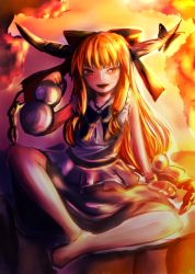 Rule 34 | 1girl, barefoot, bow, gourd, hair bow, highres, horn ornament, horn ribbon, horns, ibuki suika, indian style, long hair, low-tied long hair, ribbon, sitting, skirt, solo, sunset, touhou, very long hair, yagami (mukage)