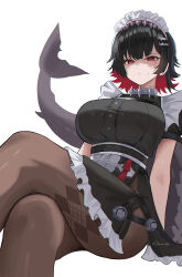 1girl absurdres black_dress black_hair black_pantyhose breasts colored_inner_hair cowboy_shot crossed_legs dress dubeaduver ellen_joe fins fish_tail highres large_breasts looking_at_viewer maid maid_headdress mole mole_under_eye multicolored_hair pantyhose red_eyes red_hair shark_tail short_hair short_sleeves solo tail two-tone_hair white_background zenless_zone_zero