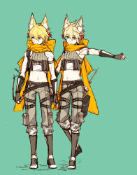 Rule 34 | 2boys, animal ear fluff, animal ears, bell, belt, blonde hair, blue background, blue eyes, boots, bow (weapon), brown belt, brown footwear, brown gloves, camouflage, camouflage shorts, closed mouth, commentary request, crop top, expressionless, fingerless gloves, fox ears, full body, gloves, grey shirt, grey shorts, hair bell, hair between eyes, hair ornament, hair ribbon, holding, holding bow (weapon), holding weapon, jingle bell, kusabi (aighe), long bangs, looking afar, looking at viewer, looking to the side, male focus, midriff, multiple boys, navel, pouch, ragnarok online, ranger (ragnarok online), red ribbon, ribbon, scarf, shirt, short hair, shorts, simple background, sleeveless, sleeveless shirt, smile, standing, weapon, yellow scarf