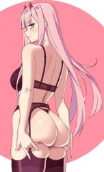 Rule 34 | 1girl, aqua eyes, artist name, ass, ass grab, ass support, black footwear, blunt bangs, breasts, danfer3, darling in the franxx, deep skin, from behind, full body, garter belt, grabbing own ass, horns, huge ass, large breasts, light smile, lingerie, long hair, looking at viewer, looking back, oni horns, petals, pink hair, red horns, seductive smile, shoes, smile, solo, standing, straight hair, thighhighs, thong, underwear, very long hair, zero two (darling in the franxx)