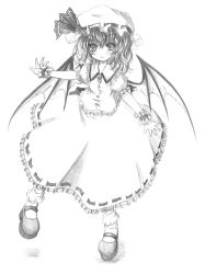 Rule 34 | 1girl, blush, female focus, greyscale, kurona, looking at viewer, monochrome, remilia scarlet, simple background, smile, solo, touhou, white background, wings