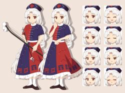 Rule 34 | 1girl, 4rion, absurdres, arrow (projectile), black footwear, blue dress, blue headwear, bow (weapon), braid, collared dress, commentary request, constellation, constellation print, cross, dress, frilled dress, frills, grey hair, hat, highres, long hair, nurse cap, petticoat, puffy short sleeves, puffy sleeves, red cross, red dress, sash, short sleeves, single braid, standing, tachi-e, touhou, trigram, weapon, white hair, white sash, yagokoro eirin