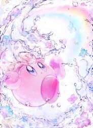 Rule 34 | :o, blue eyes, blue flower, falling, falling petals, flower, highres, kirby, kirby&#039;s dream land, kirby (series), metro (metronome40310bis), nintendo, no humans, open mouth, petals, pink flower, rainbow, water, water kirby, white background