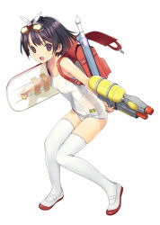 Rule 34 | 1girl, :d, backpack, bag, bare shoulders, black hair, breasts, brown eyes, commentary request, flute, full body, glowing, goggles, goggles on head, gundam, hair ribbon, holding, instrument, kickboard, koutaro, looking at viewer, old school swimsuit, one-piece swimsuit, open mouth, original, outstretched arm, randoseru, recorder, ribbon, school swimsuit, shoes, simple background, small breasts, smile, solo, standing, swimsuit, tape, thighhighs, uwabaki, water gun, white background, white footwear, white one-piece swimsuit, white ribbon, white thighhighs
