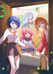 4girls :d absurdres blue_eyes blue_hair collared_shirt grey_hair hair_ornament hanasato_minori highres hinomori_shizuku holding jacket kiritani_haruka long_hair long_sleeves looking_at_viewer momoi_airi multiple_girls open_mouth orange_hair pink_eyes pink_hair plant project_sekai red_jacket shirt short_hair shorts skirt smile sora_(men0105) sweater two_side_up white_shirt