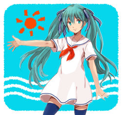 Rule 34 | 1girl, aqua eyes, aqua hair, bad id, bad pixiv id, dress, harukaze (tomato123), hatsune miku, light smile, long hair, looking at viewer, outstretched arm, sailor collar, sailor dress, solo, thighhighs, twintails, vocaloid