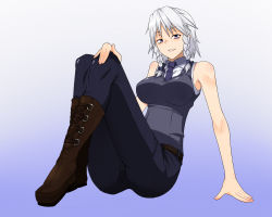 Rule 34 | 1girl, alternate costume, arm support, bad id, bad pixiv id, bare shoulders, blue background, boots, braid, breasts, cross-laced footwear, denim, full body, gradient background, grey eyes, izayoi sakuya, jeans, knee boots, lace-up boots, large breasts, long legs, minakamirin, necktie, pants, silver hair, sitting, sleeveless, solo, touhou, twin braids