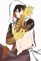 Rule 34 | 1boy, abs, arm tattoo, bad id, bad pixiv id, bare shoulders, black hair, brown hair, cloak, gaikotsukiri, genshin impact, hair between eyes, hood, hood up, hooded cloak, jewelry, licking, licking arm, long hair, looking at viewer, male focus, midriff, multicolored hair, navel, nipples, open mouth, ponytail, simple background, sleeveless, solo, tattoo, toned, toned male, tongue, tongue out, white background, yellow eyes, zhongli (archon) (genshin impact), zhongli (genshin impact)