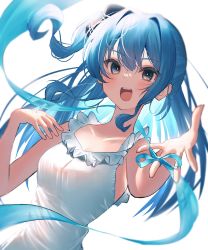 Rule 34 | 1girl, bare shoulders, blue eyes, blue hair, blush, breasts, collarbone, dress, frills, highres, hololive, hoshimachi suisei, long hair, looking at viewer, open mouth, senriyama, solo, virtual youtuber, white dress