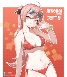 Rule 34 | 1girl, absurdres, ahoge, arm at side, arm up, arsenal fc, bare shoulders, bikini, blue nails, breasts, cleavage, closed mouth, collarbone, commentary request, earrings, eyewear on head, hair ornament, hairclip, halterneck, heart, heart-shaped eyewear, highres, jewelry, long hair, looking at viewer, medium breasts, mole, mole under eye, nail polish, navel, o-ring, o-ring bikini, original, outline, pink hair, ponytail, red background, red bikini, red ribbon, ribbon, scrunchie, side-tie bikini bottom, smile, solo, stomach, string bikini, sunglasses, swimsuit, white outline, wrist scrunchie, yellow-framed eyewear, yellow eyes, zarsy