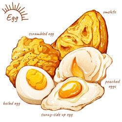Rule 34 | artist logo, egg (food), food, food focus, food name, fried egg, highres, no humans, omelet, original, scrambled egg, softboiled egg, yuki00yo