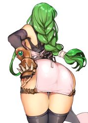 Rule 34 | 1girl, ass, bare shoulders, bastard!!, black thighhighs, braid, braided ponytail, c.c., code geass, commentary request, cosplay, cowboy shot, creayus, elbow gloves, fingerless gloves, gloves, green hair, legs together, long hair, simple background, single braid, solo, spiked knuckles, standing, thighhighs, tia noto yoko, white background