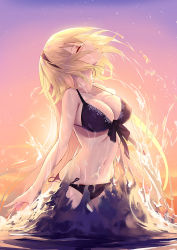 Rule 34 | 1girl, backlighting, bikini, black bikini, blonde hair, blush, breasts, cleavage, closed eyes, collarbone, fate/grand order, fate (series), front-tie bikini top, front-tie top, hair between eyes, hairband, highres, jeanne d&#039;arc (fate), jeanne d&#039;arc (ruler) (fate), jeanne d&#039;arc (swimsuit archer) (fate), jeanne d&#039;arc (swimsuit archer) (first ascension) (fate), large breasts, long hair, open mouth, outdoors, ponytail, side-tie bikini bottom, solo, soupchan, sunset, swimsuit, very long hair, wading, wet
