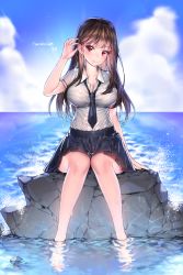 Rule 34 | 1girl, absurdres, arm support, black necktie, black skirt, blue sky, blush, breasts, brown hair, closed mouth, cloud, cloudy sky, collared shirt, commentary request, commission, day, full body, hair between eyes, hair flip, head tilt, highres, ia (ias1010), knees together feet apart, large breasts, long hair, looking at viewer, miniskirt, necktie, ocean, on rock, original, outdoors, pleated skirt, red eyes, school uniform, see-through, shirt, shirt tucked in, short sleeves, sitting, skirt, sky, smile, solo, thighs, wading, wakamezake, water, wet, wet clothes, wet hair, wet shirt, white shirt