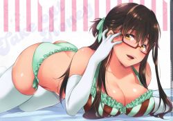 Rule 34 | 1girl, ass, bikini, breasts, brown hair, character request, elbow gloves, female focus, glasses, gloves, highres, large breasts, long hair, ribbon, shouno kotarou, simple background, smile, solo, striped, striped background, swimsuit, thighhighs, tri tails, yellow eyes