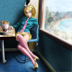 Rule 34 | 1girl, :p, aqua eyes, blonde hair, crossed legs, hair ornament, hair ribbon, hairclip, headphones, high heels, kagamine rin, legs, long legs, necktie, no lineart, panties, pi (pppppchang), pink thighhighs, ribbon, shoes, short hair, side-tie panties, sitting, solo, thighhighs, tongue, tongue out, underwear, vocaloid