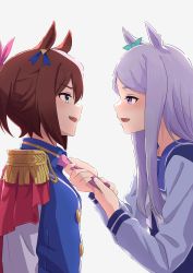 Rule 34 | 2girls, animal ears, ascot, blouse, blue eyes, blue jacket, blush, bow, breasts, brown hair, buttons, commentary request, epaulettes, esubui, eye contact, hair flaps, high ponytail, highres, holding tie, horse ears, horse girl, jacket, light purple hair, long hair, long sleeves, looking at another, mejiro mcqueen (umamusume), multicolored clothes, multicolored hair, multicolored jacket, multiple girls, open mouth, pink ascot, ponytail, purple eyes, purple shirt, ribbon, school uniform, shirt, simple background, single epaulette, smile, smug, streaked hair, tokai teio (umamusume), tracen school uniform, two-tone hair, two-tone jacket, umamusume, white background, white hair, white jacket