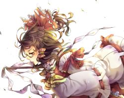 1girl ascot bow brown_eyes brown_hair detached_sleeves female_focus gohei hair_bow hakurei_reimu highres japanese_clothes long_hair miko oonusa red_ribbon ribbon ribbon-trimmed_sleeves ribbon_trim rojiko solo touhou