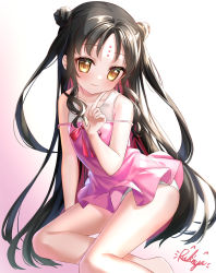 Rule 34 | 1girl, babydoll, bare arms, bare shoulders, barefoot, black hair, blush, bow, brown eyes, closed mouth, commentary request, double bun, facial mark, fate/grand order, fate (series), feet out of frame, forehead mark, hair bun, hand up, highres, index finger raised, long hair, looking at viewer, multicolored hair, one-piece swimsuit, parted bangs, pink babydoll, pink hair, pink one-piece swimsuit, red bow, rukinya (nyanko mogumogu), sessyoin kiara, sessyoin kiara (lily), sessyoin kiara (swimsuit mooncancer), signature, sitting, smile, solo, swimsuit, two-tone hair, two side up, very long hair, white one-piece swimsuit, yokozuwari