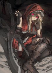 Rule 34 | 1girl, bad id, bad pixiv id, blonde hair, boots, brown footwear, cape, english text, gloves, graphite (medium), hair between eyes, highres, hood, knee pads, little red riding hood, little red riding hood (grimm), looking at viewer, original, osobachan, red cape, red eyes, scissors, skirt, smile, solo, thighhighs, traditional media