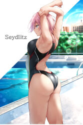 Rule 34 | 1girl, absurdres, armpits, arms behind head, arms up, ass, azur lane, backless swimsuit, bare shoulders, black one-piece swimsuit, blue eyes, breasts, character name, commentary request, competition swimsuit, day, from behind, from side, highres, leaning back, legs, looking to the side, medium breasts, medium hair, one-piece swimsuit, oriue wato, outdoors, partial commentary, pink hair, pool, seydlitz (azur lane), solo, stretching, swimsuit, thighs