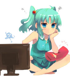 Rule 34 | 1girl, aqua eyes, aqua hair, bare legs, bare shoulders, barefoot, blue eyes, blush, dress, feet, female focus, hair bobbles, hair ornament, hand on another&#039;s chin, hand on own chin, indian style, kawashiro nitori, leaning forward, looking at viewer, monitor, no headwear, no headwear, pillow, pout, shin (new), sidelocks, sitting, sleeveless, solo, touhou, twintails, two side up