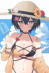 Rule 34 | &gt;:), 1girl, bandaid, bandaid on shoulder, bare shoulders, bikini, black bikini, black hair, blue eyes, blue sky, blush, breasts, brown hat, brown jacket, cleavage, closed mouth, cloud, cloudy sky, commentary request, day, flower, food, hair between eyes, hair ornament, hairclip, hat, hat flower, highleg, highleg bikini, highres, holding, holding food, jacket, looking at viewer, medium breasts, navel, nirareba, off shoulder, open clothes, open jacket, orange flower, original, pink flower, popsicle, red flower, red rose, rose, sky, smile, solo, straw hat, swimsuit, upper body, v-shaped eyebrows, white flower, x hair ornament