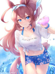 Rule 34 | 1girl, absurdres, ahoge, animal ears, blue hairband, blue scrunchie, blue shorts, breasts, brown hair, closed mouth, collarbone, hair between eyes, hair ornament, hairband, highres, holding, horse ears, horse girl, horse tail, long hair, looking at viewer, medium breasts, mihono bourbon (umamusume), peteron, ponytail, scrunchie, see-through, see-through shirt, shirt, shorts, solo, tail, thighs, tied shirt, twitter username, umamusume, water, wet, white shirt, wrist scrunchie