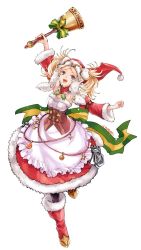 Rule 34 | 1girl, blonde hair, blue eyes, boots, dress, fire emblem, fire emblem awakening, full body, gloves, hair ornament, handbell, lissa (fire emblem), long hair, nintendo, open mouth, pantyhose, santa costume, short twintails, simple background, smile, solo, twintails, white background